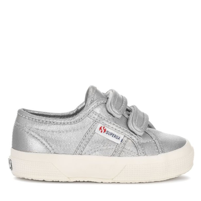 Superga 2750 Kids Straps Metallic Canvas Grey Silver Matt-F Avorio